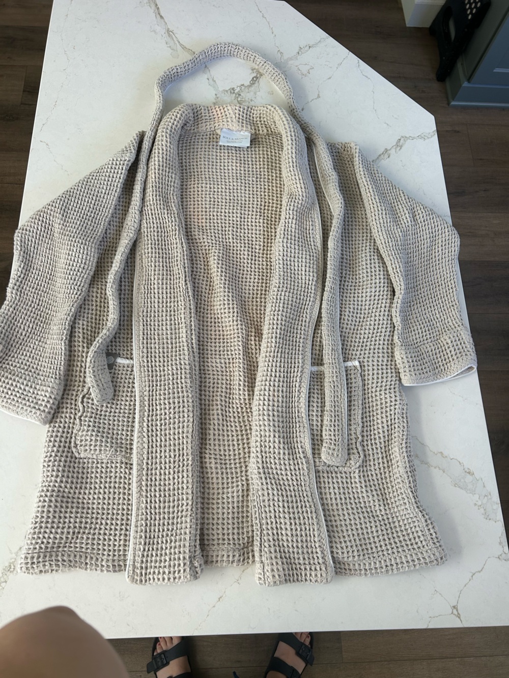 Waffle-Knit Open Front Robe Cardigan in Light Beige